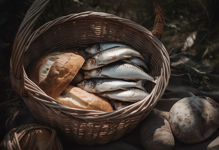 A basket containing loaves of bread and fish - the food involved in one of Jesus' miracles.