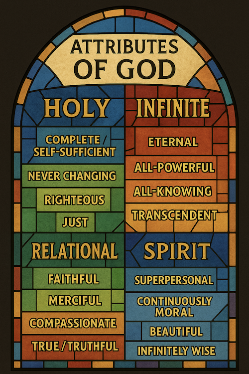 Stained glass–style infographic depicting a diagram of God’s attributes: holy, complete/self-sufficient, never changing, righteous, just, relational, faithful, merciful, compassionate, true/truthful, infinite, eternal, all-powerful, all-knowing, transcendent, spirit, superpersonal, continuously moral. beautiful, inifinitely wise.